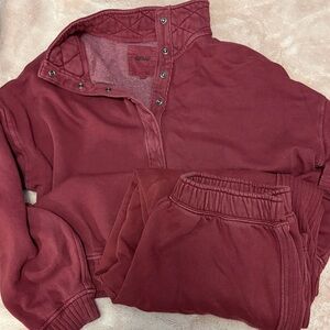 Aerie Burgundy Snap-Up Sweatshirt and Joggers Set, sweatshirt is oversized